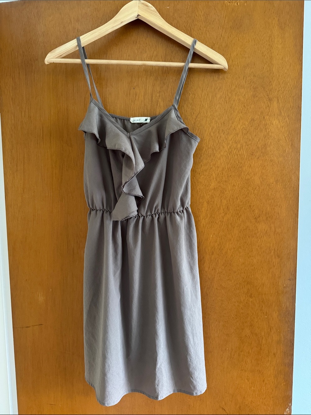 Taupe Ruffle-Front Spaghetti Strap Dress